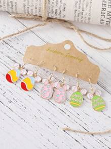 3对复活节可爱兔子和彩蛋造型珐琅合金吊坠耳环套装，女士复活节时尚首饰配饰，礼品 - 彩色 - 查看 4