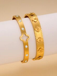 Exaggerated 4-Leaf Clover Stainless Steel Bangle Set For Women, Suitable For Multiple Occasions, Couples, Gala, Party And Gift