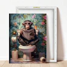 1pc, Canvas Hanging Picture, Framed Decorative Painting, Poster, Wall Art, Animals, Charming Monkey Reading Newspaper On Toilet - Canvas Wall Painting, Perfect For Modern Living Room, Bedroom, Bathroom Decoration And Gift, Art Deco Style, Modern Style, Minimalist Style, Animal Theme, Autumn, Spring Gifts Birthday Graduation