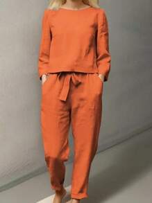 SANOPY Sweatsuits Women 2 Piece Outfit,Jumpsuits For Women,Cotton Pajamas For Women Set,Womens Long-Sleeved Trousers Casual Solid Color Suit Pant Pocket Casual Two-Piece Suit - 橘色 - 查看 2