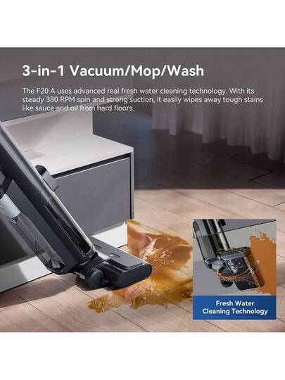 Proscenic F20A Cordless Stofzuiger Mop, 35 Minute Runtime, LED Display, Self Cleaning Air Drying, All Around Edge Cleaning, App Control, Solid Liquid Separation, EU Plug. view 3