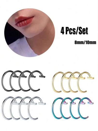 4pcs Fake Nose Ring Hoop Stainless Steel Faux Lip Septum Fake Piercing Nose Clip Hoop C Clip Lip Ring No Need For Perforation Punk Body Jewelry Painless For Women/Men