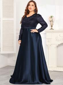 hezixi This High-Quality, Stretchy, Sequin V-Neck Long Sleeve Bodycon Dress Comes In A Full Size Range. With A Solid Color Design, It Exudes An Elegant And Luxurious Look That Highlights The Youthful Charm Of The Wearer. Suitable For Various Occasions Such As Parties, Graduations, Weddings, Events, Banquets, And Balls. This Formal Ball Gown (Deluxe Version) Can Also Be Worn As A Party Dress, Wedding Guest Dress, Or Ball Gown. - Navy Blue - View 4