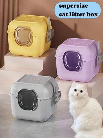 1pc Extra Large Cat Litter Box, Fully Enclosed Anti-Splash Cat Litter Box Flip Lid Anti-Sand Cat Litter Box, Large And Small Cats Can Use, Birthday Gift For Pets, Holiday Gift, Pet Supplies, Pet Mobile Toilet
