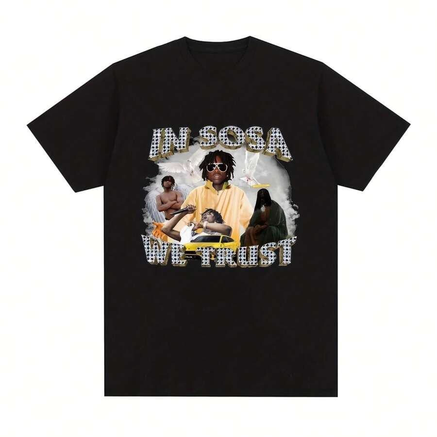 In Sosa We Trust Chief Keef Graphic T Shirt Men's Fashion Vintage Short Sleeve T-Shirt Casual Oversized T-Shirts Tops Streetwear - Black - View 1