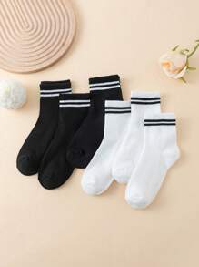 6pcs/10pcs/16pcs/20pcs Kids & Youth Black & White Striped Athletic Socks, Student Back To School Daily Casual Socks, Toddler Mid-Calf Socks 1-3Y