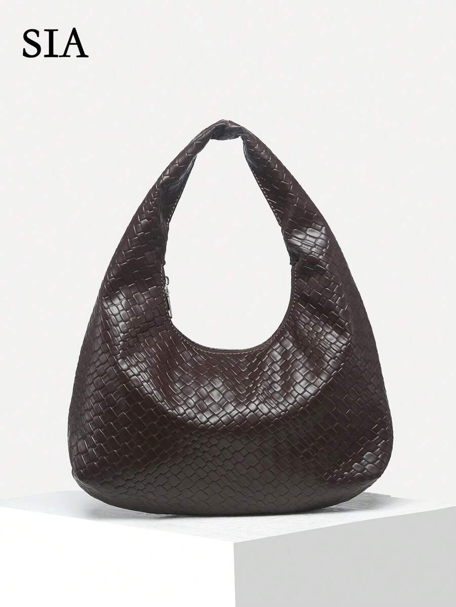 1pc Vintage Simple Casual Crocheted Faux Leather Seashell Shape Shoulder Bag, Suitable For Going Out, Date, Commute - Brown - View 1