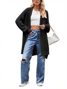 Women's Autumn Winter Knit Cardigan Solid Color Long Sleeve Open Front Knitwear Sweater - Black - View 1