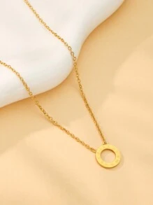 1 件罗马数字吊坠项链新款时尚空心圆形不锈钢项链链首饰女士 - 金色 - 查看 3