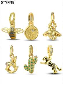 STYFNE 1pc Gold Series Insect, Leopard, Carousel, Cactus, Round Alphabet Pendant Charm Necklace, Daily Small Gift For Girlfriend Or Best Friend, Handmade DIY Jewelry - Silver - View 10