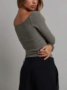 Women Casual Shirt Autumn Cut Out Long Sleeve Slim Fit Crop Tops Solid Color Basic Tee - Grey - View 4