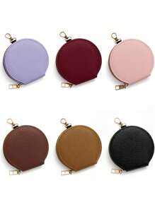 圆形拉链零钱包，便携式迷你圆形皮革纹理耳机包，钥匙包 - 彩色 - 查看 5