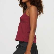 Women's V-Neck Lace Trim Camisole Spaghetti Strap Peplum Crop Tank Tops Loose Sleeveless Ruffle Hem Vest Shirts - 紅色 - 查看 5