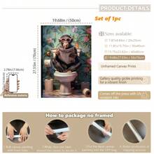1pc, Canvas Hanging Picture, Framed Decorative Painting, Poster, Wall Art, Animals, Charming Monkey Reading Newspaper On Toilet - Canvas Wall Painting, Perfect For Modern Living Room, Bedroom, Bathroom Decoration And Gift, Art Deco Style, Modern Style, Minimalist Style, Animal Theme, Autumn, Spring Gifts Birthday Graduation