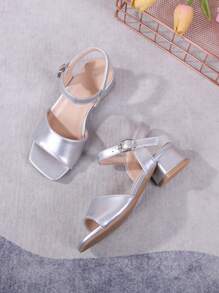 Elegant High-End Party High Heels, Solid Color Open Toe High Heel Sandals, Breathable And Lightweight Formal Dress Shoes, For Party, Performance, Banquet, Wedding, Square Toe High Heels - Silver - View 3