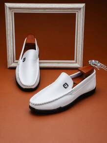 British Style Casual Solid Color Metal Decor Low-Top Flat Loafers For Men, Suitable For Leisure, Commuting, Riding, Beach, Camping, Fashionable & Versatile - White - View 5