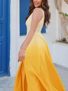 Váy mỏng cổ chữ V màu chuyển sắc cạp cao mùa xuân và thu 2025 phong cách ngày lễ cổ điển Pháp không tay mới thường ngày - Màu vàng - Xem 4