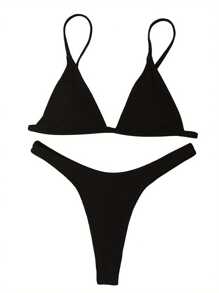 Women Summer 2PCS Bikini Sets Solid Color Sleeveless Ribbed Bra + Low Waist Thong - Black - View 3