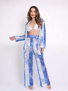 Printed Tulle Beach Cover-Up Shirt And Pants Set - Blue and White - View 1