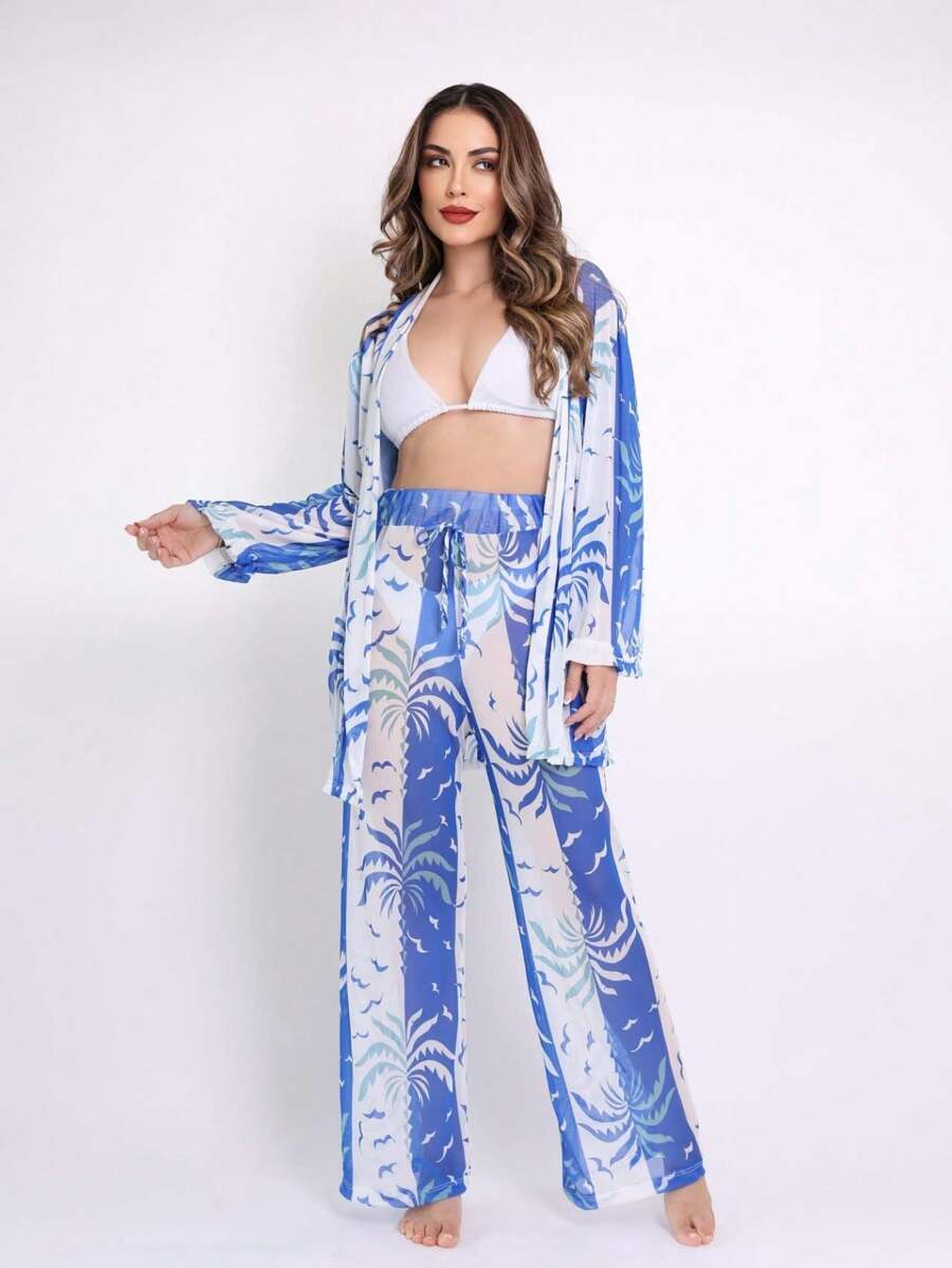 Printed Tulle Beach Cover-Up Shirt And Pants Set - Blue and White - View 1