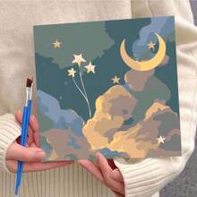 1 set 20*20cm Peinture à l'huile sur canevas avec motif numéroté représentant un paysage naturel et un ciel étoilé avec la lune. Comprend peintures et pinceaux, parfait pour les débutants et les adultes, décorations murales, décoration de la maison et cadeaux de fête