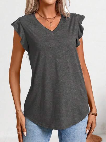 女士纯色 V 领衬衫休闲 T 恤搭配荷叶边下摆上衣