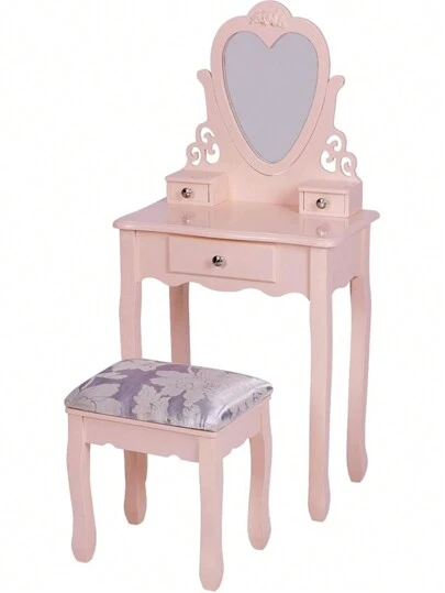 Dressing Table For Girls, Pink Vanity Table With Mirror Stool For 3,4,5,6,7,8 Kids, Birthday Gift For Children Bedroom