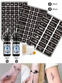 纹身模板和染料套装（纹身模板 + 纹身染料凝胶） - 多图案临时纹身套装，适合男性和女性，手指、手腕、肩膀、颈部、锁骨、身体艺术、防水、仿纹身模板