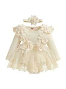 Newborn Baby Girls Romper Dress 3D Flower Bow Long Sleeve Lace Tulle Dress Bodysuit Headband Sets Adorable Ribbed Outfits - 卡其色 - 查看 1