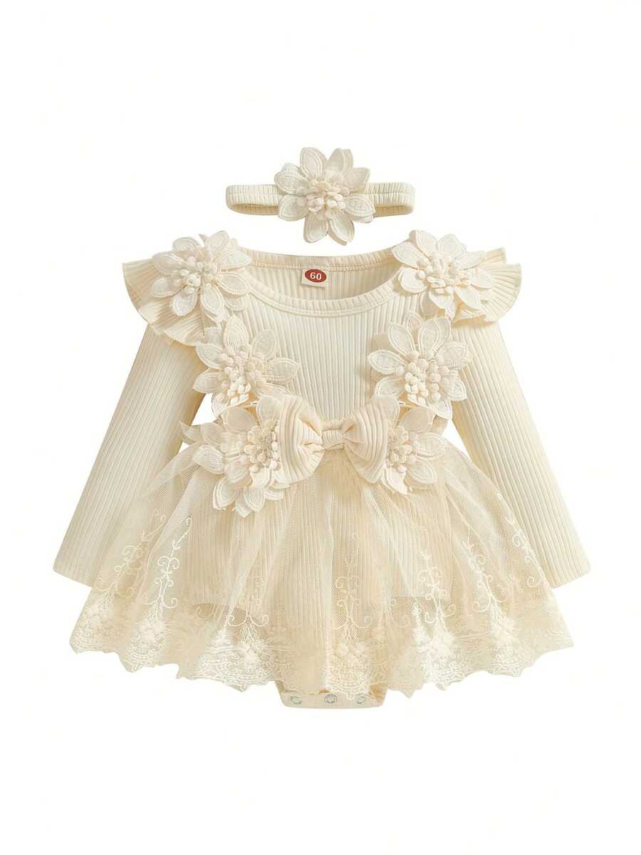 Newborn Baby Girls Romper Dress 3D Flower Bow Long Sleeve Lace Tulle Dress Bodysuit Headband Sets Adorable Ribbed Outfits - 卡其色 - 查看 1