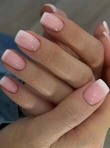 120 片中号方形美甲按压式指甲，简约优雅的白色粉色渐变假指甲，时尚奶油色渐变桃粉色渐变假指甲，全覆盖假指甲套装，适合女性和女孩，1 片果冻凝胶 + 1 条锉刀果冻凝胶，随机发货，美甲用品，指甲