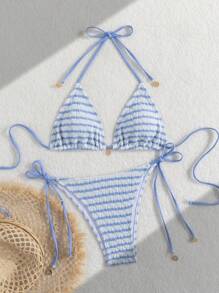 Ladies' Striped And Water Ripple Split Swimsuit Sexy Bikini SexHy Bikini Swimsuit Color Blocking Fashion High-End Hot Spring Party Bikini Careful Machine,European & American Style Sexy Halter Women Bikini Set Swimwear, For Summer Beach Vacation Hot Selling Swimsuits - Baby Blue - View 3