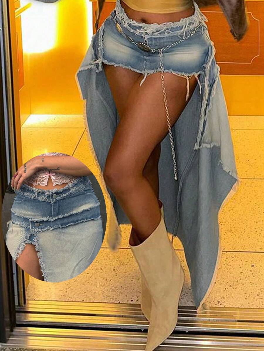 Y2K Vintage Washed Frayed Hem Asymmetric Hem Denim Skirt, Sexy Music Festival