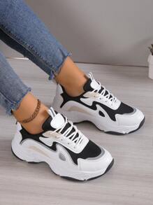 2025 Autumn Sneakers For Women New Round Toe Lace-Up Patchwork Color Block Fashionable Sport Shoes For Women, Thick Soles - Beige - View 3