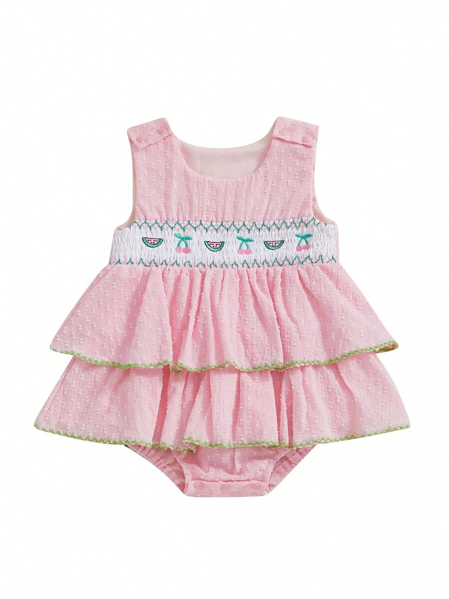 Baby Girl Summer Romper Sleeveless Fruit Embroidery Bodysuit Layered Dress Newborn Playsuit - Hồng - Xem 1