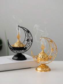 1pc Moon Shaped Metal Incense Burner, Black & Gold, Minimalist Modern Style, Luxury Style Incense Holder, Middle Eastern Arabic Incense Burner, Suitable For Home, Living Room, Office, Hotel, Holiday Decor - Multicolor - View 3