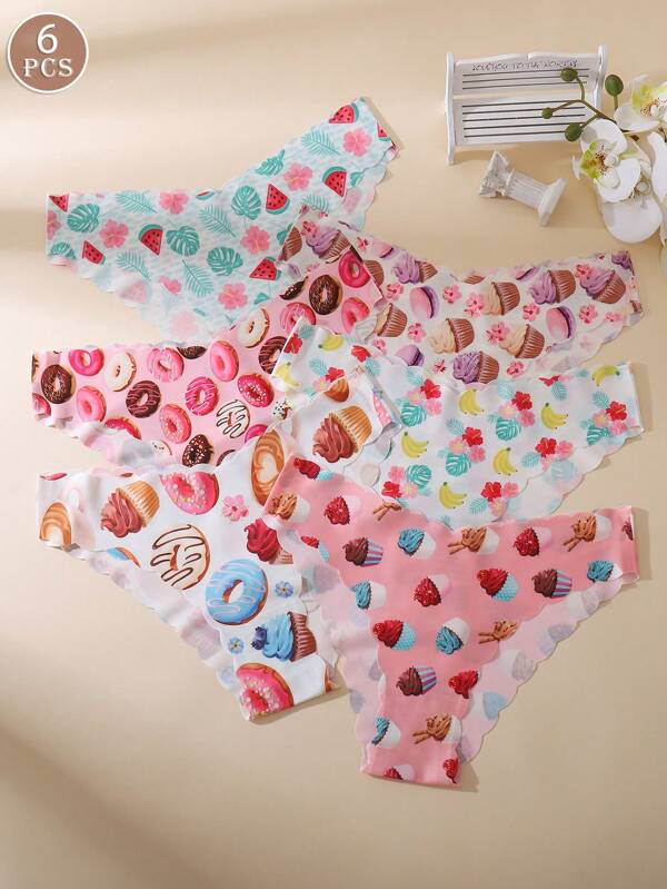 6 Stück/Packung Kuchen- und Donut-Muster, sexy, wellig, nahtlos, atmungsaktiv Damen-Unterwäsche, süßes Mädchen-Design