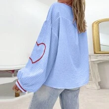 Women Plaid Tie Front Top Cute Trim Patchwork Shirt Summer Y2k Puff Long Sleeve V Neck Lace Up Loose Blouse Heart Embroidery Babydoll Shirts Cute Spring Tops - 藍色 - 查看 3