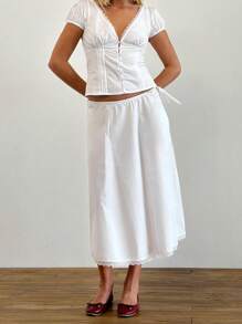 Women's Summer Casual Shirt Short Sleeve Deep V Neck Lace Trim Buton Up Party Tops - trắng - Xem 5