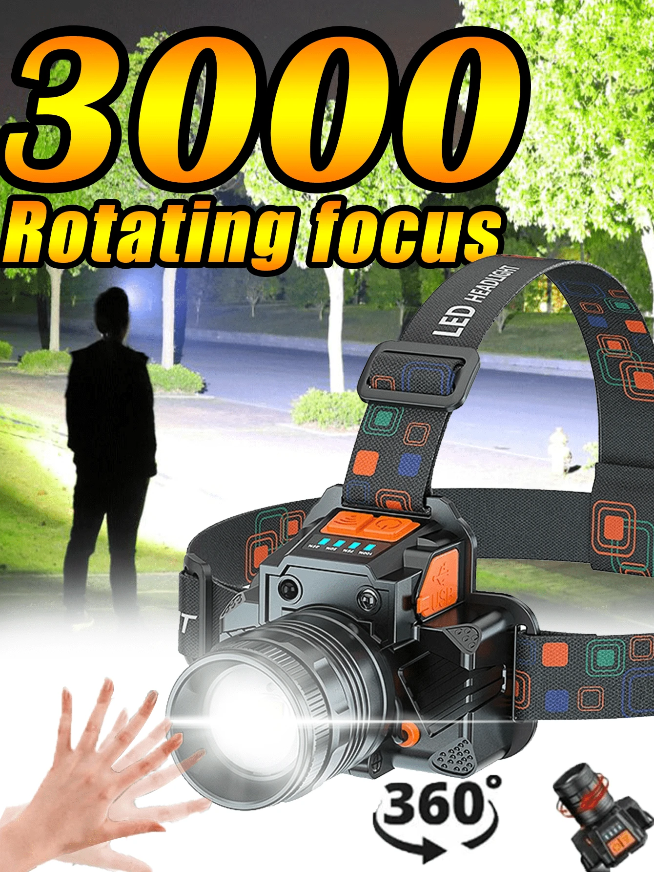 Strong Light Long-Range LED Headlamp Long Range Headlights Rechargeable Outdoor Night Fishing Camping Head Mounted Flashlight - Black - View 1