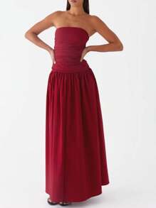 Women Tube Top Maxi Dress Elegant Sleeveless Strapless Ruched Flowy Dress Summer Long Wedding Party Cocktail Dresses - Red - View 3