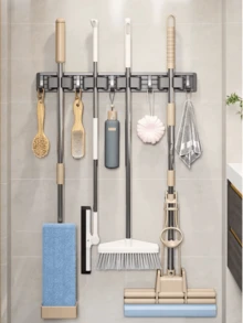 节省空间的拖把和扫帚架，配有可调节挂钩 - 适用于家庭、厨房、花园、洗衣房、车库的壁挂式收纳架 - 工具和设备、架子的存储解决方案