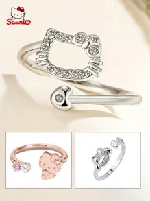 Sanrio Adjustable Fashionable Hello Kitty Ring - Rose Gold Plated With Cubic Zirconia, Suitable For Daily Wear And Gift