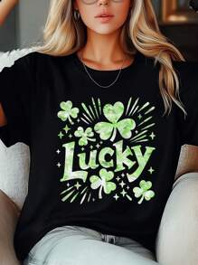 Women's Plus Size St. Patrick'S Day Clover Lucky Letter Star Sequin Print T-Shirt Fashion Short Sleeve Round-Neck Tops Summer Streetwear - Black - View 1