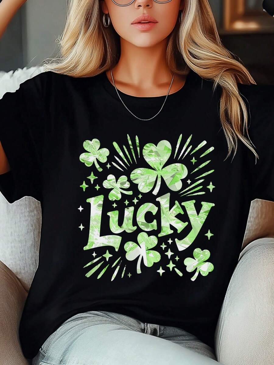 Women's Plus Size St. Patrick'S Day Clover Lucky Letter Star Sequin Print T-Shirt Fashion Short Sleeve Round-Neck Tops Summer Streetwear - Black - View 1