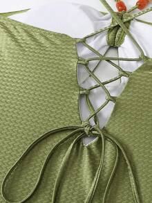 Retro One-Piece Swimsuit With Chiffon Cover-Up Skirt Two-Piece Set, For Summer Beach Vacation - Olive Green - View 4