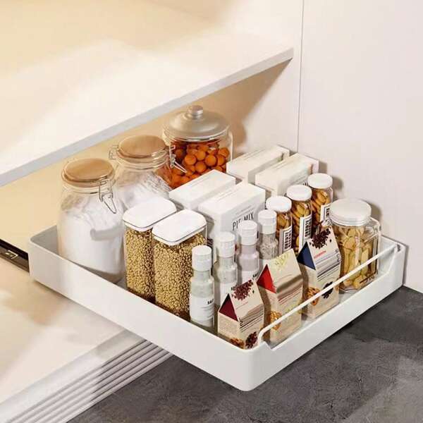 Teleskopschublade, Ausziehbare Schublade Küche, Ausziehbarer Schrank Organizer Kein Bohren, 1 stück Schrank Schubladen für Küchenschrank, Slide Out Drawer, Schrankauszug Küche, Weiß