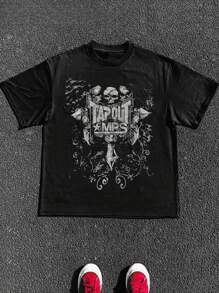 Size Plus  1 Pcs 100% Cotton Tapout Skull Cross Grunge Cyber Y2K Style T-Shirt Graphic Print T Shirt Tops TEE 220g Heavy Cotton T Shirt - 黑色 - 查看 1