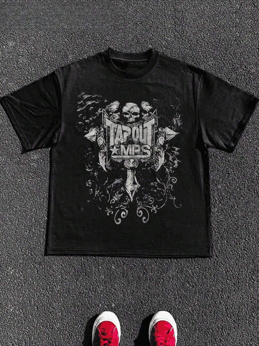 Size Plus  1 Pcs 100% Cotton Tapout Skull Cross Grunge Cyber Y2K Style T-Shirt Graphic Print T Shirt Tops TEE 220g Heavy Cotton T Shirt - 黑色 - 查看 1