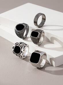 5pcs Vintage Silver Color Rings Set With Embedded Black Gemstones, Retro Elegant Hip-Hop Style, Suitable For Gifts And Daily Wear - Antique Silver - View 6